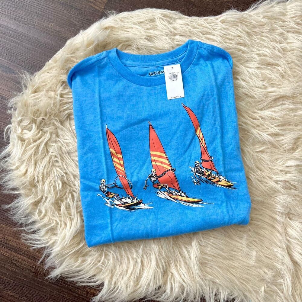 NWT Funny Surfing Skeletons Blue Graphic Tee T-Shirt Size L 10 / 12